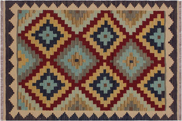 Flat Weave Kilim, Antique, Navaho, Vintage, Handmade, Geometric Kilim Brown Tan Hand-Woven Rectangle 100% Wool Area Rug 3 x 5